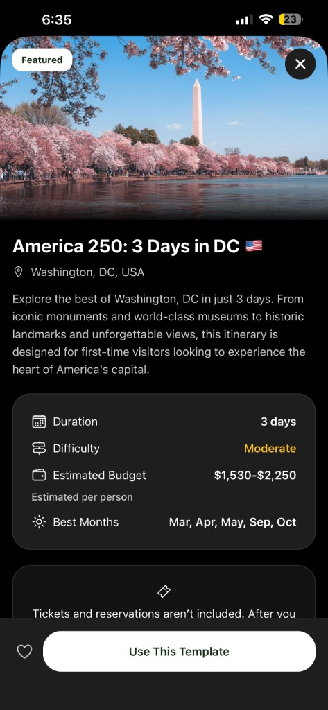 Tripvio featured America 250 3 Days in DC template with budget and best months