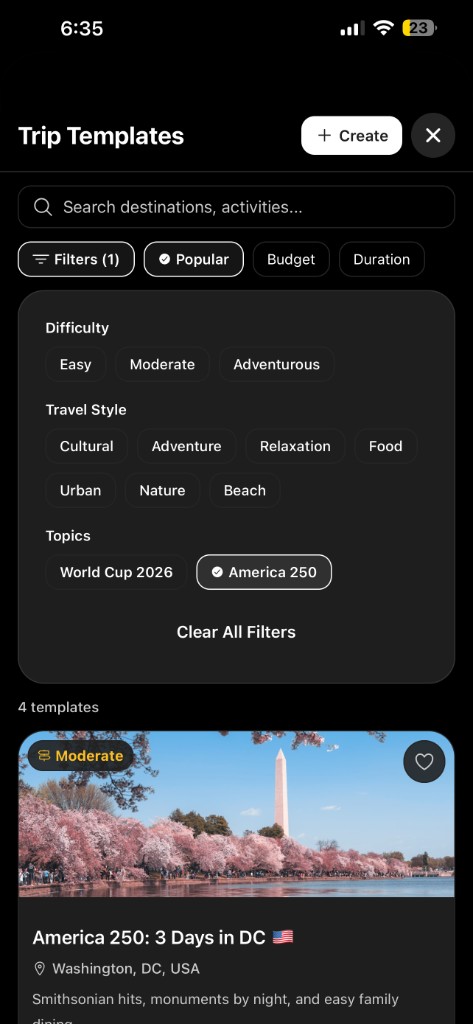 Tripvio Trip Templates filtered by America 250 topic showing four templates