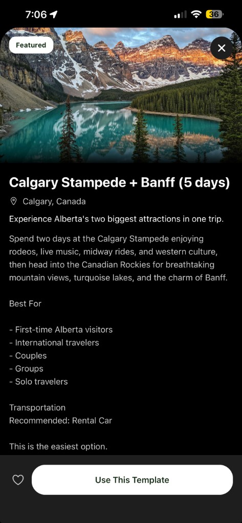 Tripvio featured Calgary Stampede plus Banff 5-day template detail screen
