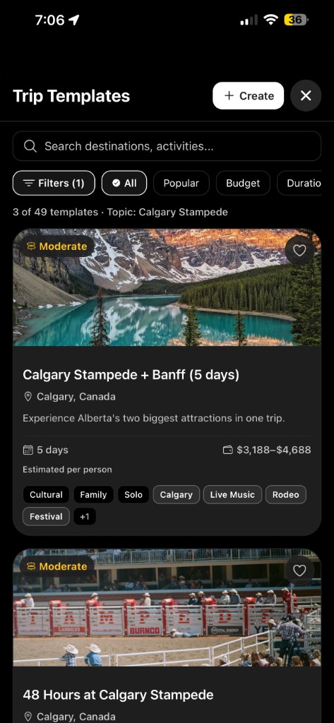 Tripvio Trip Templates filtered by Calgary Stampede topic showing Calgary Stampede plus Banff