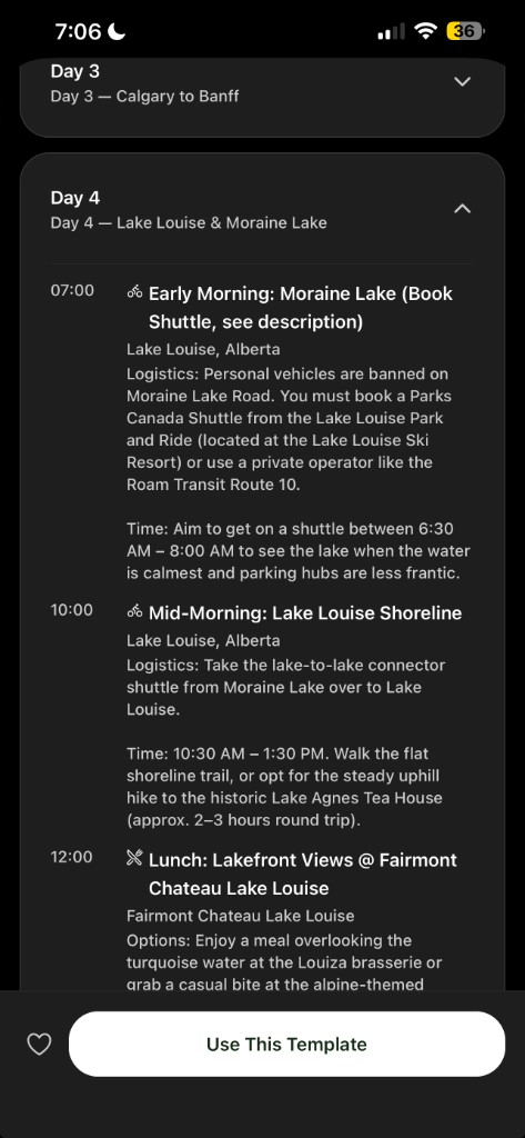 Tripvio Calgary Stampede plus Banff itinerary showing Lake Louise and Moraine Lake shuttle planning