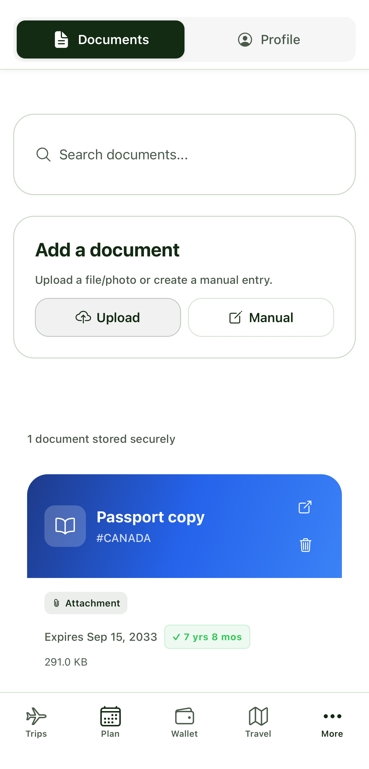 Tripvio secure documents vault for storing passports, visas, and travel documents