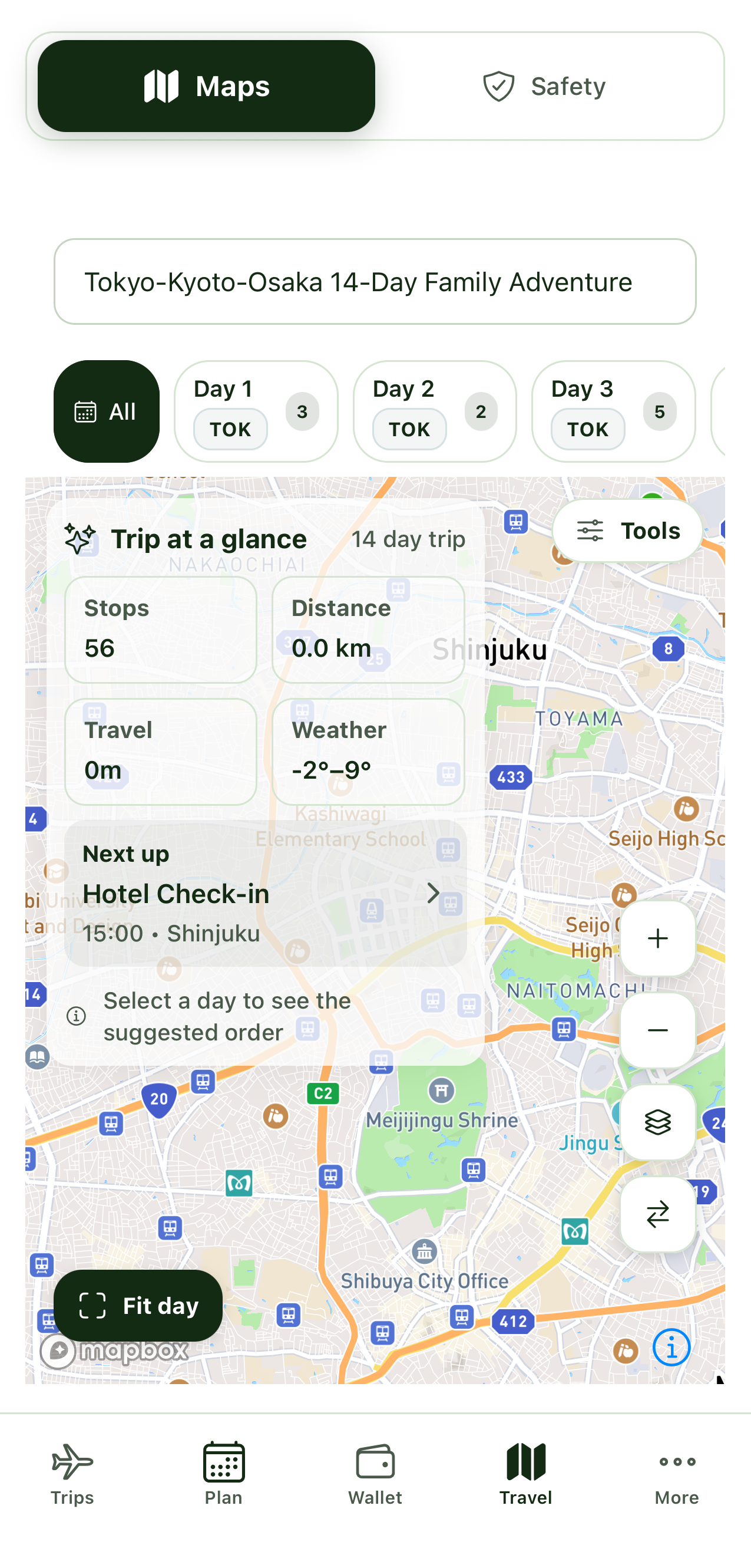 TripFlow map view showing trip locations, stops, and next up activities