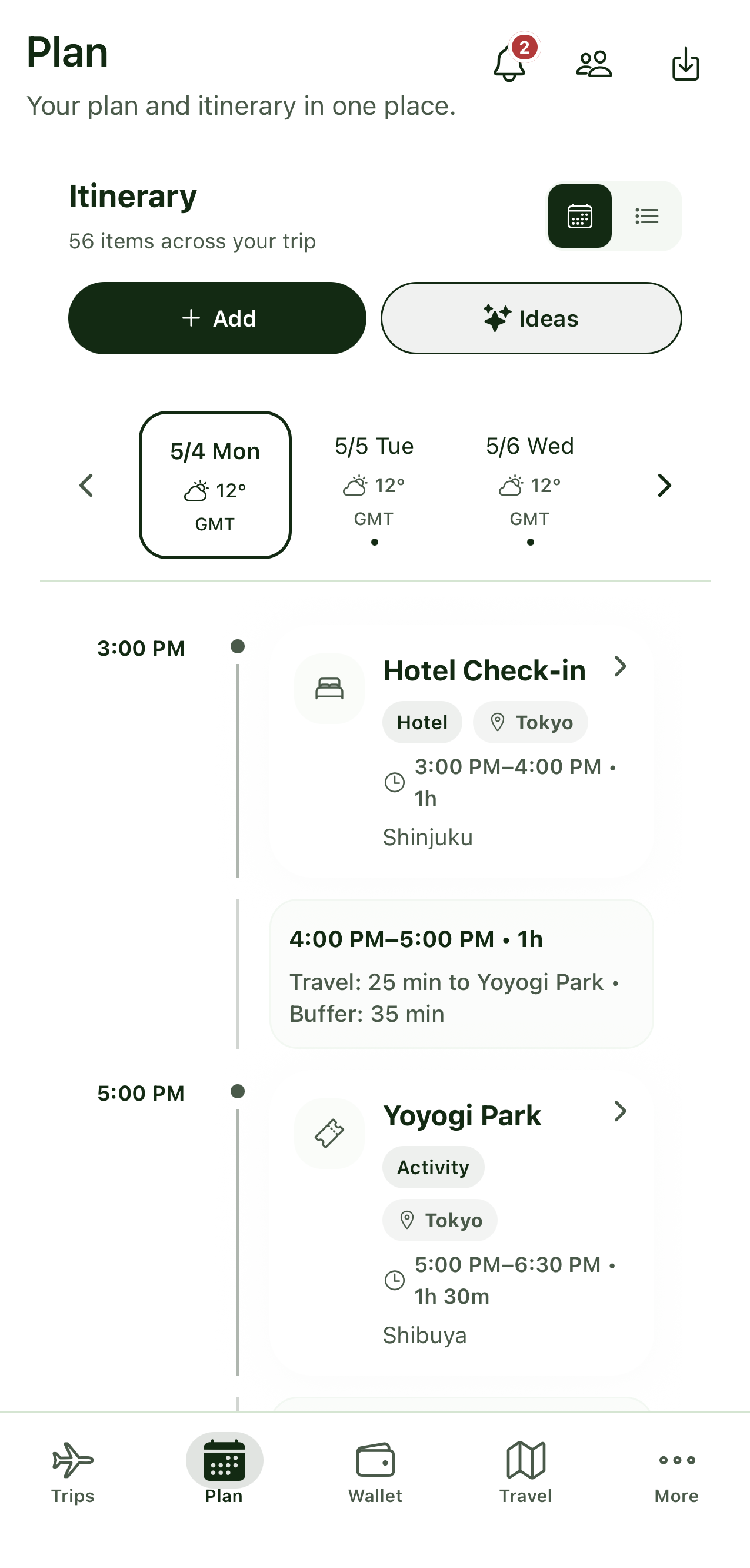 Tripvio itinerary timeline showing day-by-day schedule with activities, travel time, and locations