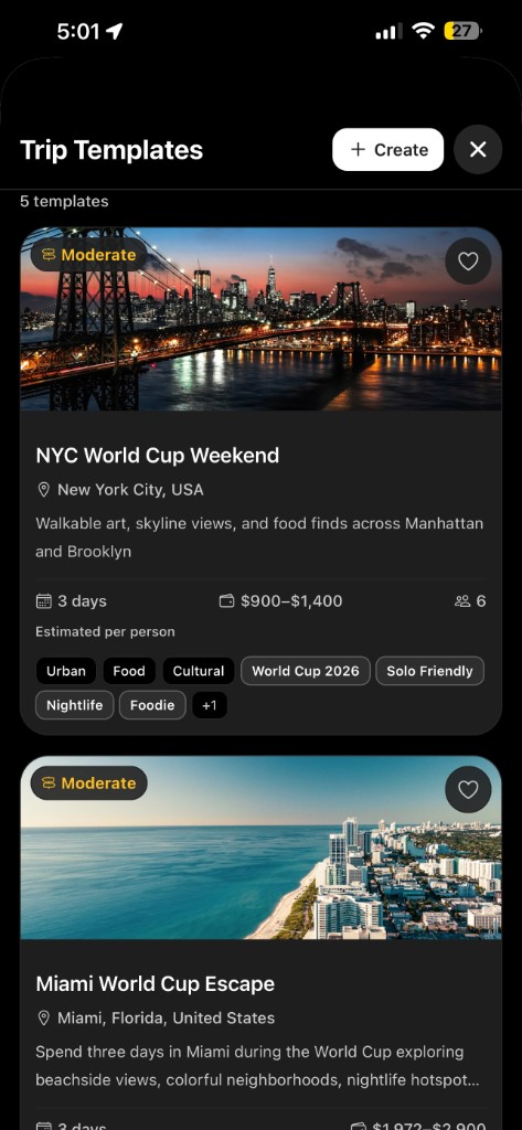 Tripvio templates for NYC World Cup Weekend and Miami World Cup Escape with duration and budget
