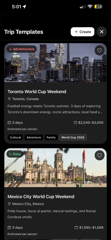 Tripvio Toronto World Cup Weekend and Mexico City World Cup Weekend template cards