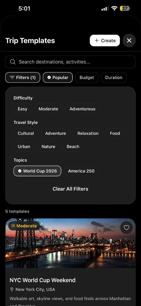Tripvio Trip Templates screen filtered by World Cup 2026 topic showing NYC World Cup Weekend template