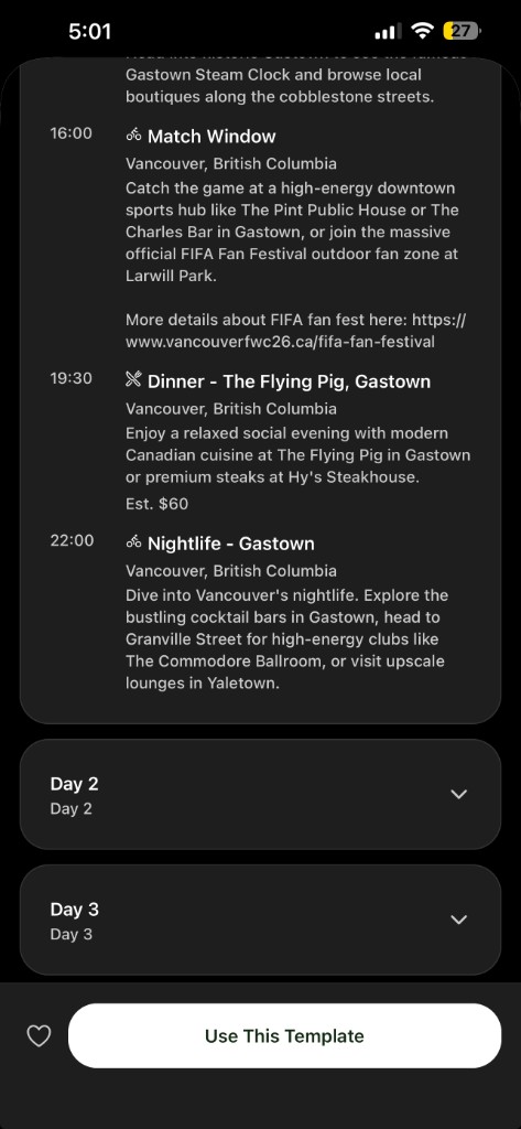 Tripvio day itinerary showing Match Window at 4pm with Vancouver fan festival and Gastown watch party options
