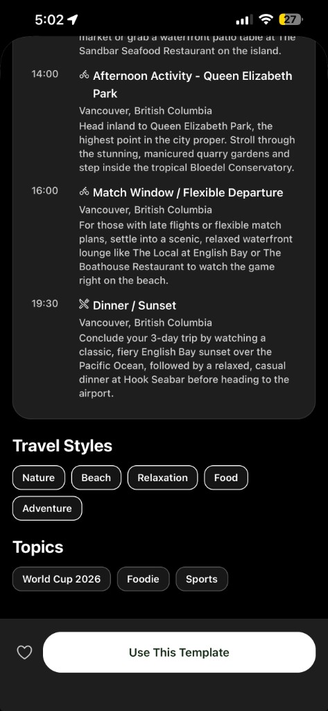 Tripvio Vancouver World Cup template day 3 with Match Window at English Bay and World Cup 2026 topic tags